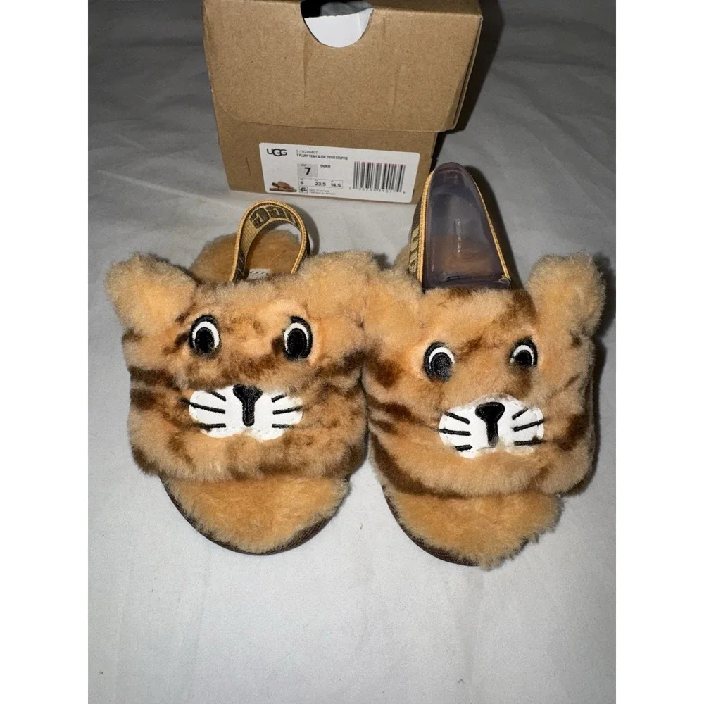 UGG Fluff Yeah Slides Toddler Tiger Stuffie Orange/Black Slipper Slide Size 7